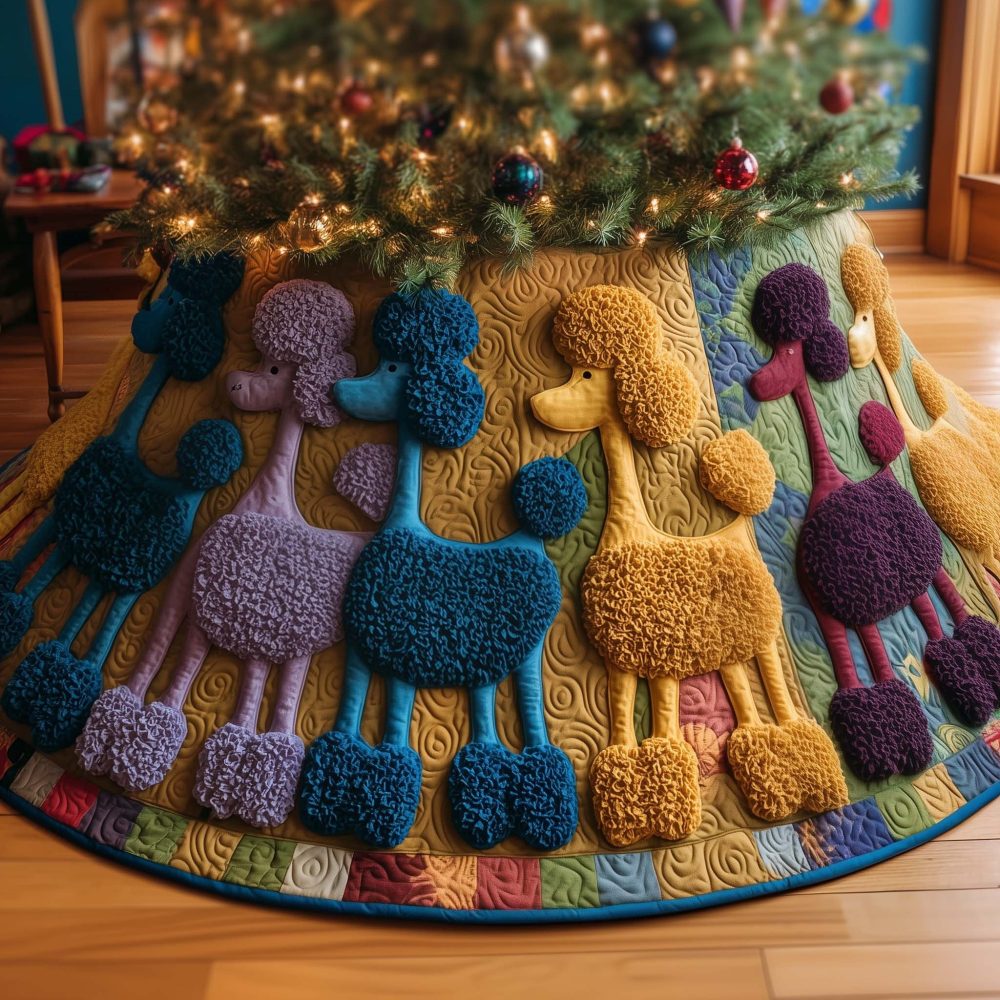 Funky Poodle Holiday Tree Skirt — Bold Poodle Pattern Christmas Skirt, Handcrafted Custom Sizes For Fun Festive Rooms
