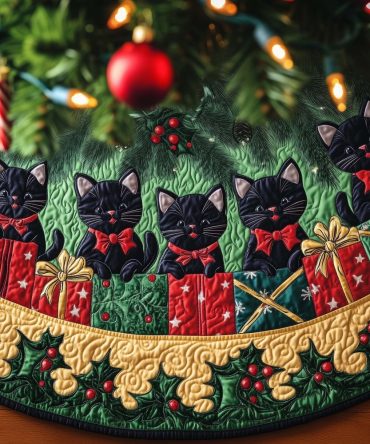 Festive Black Cats With Gifts & Wreaths Tree Skirt — Handmade Holiday Cat-Themed Décor, Personalized Sizes & Finishes