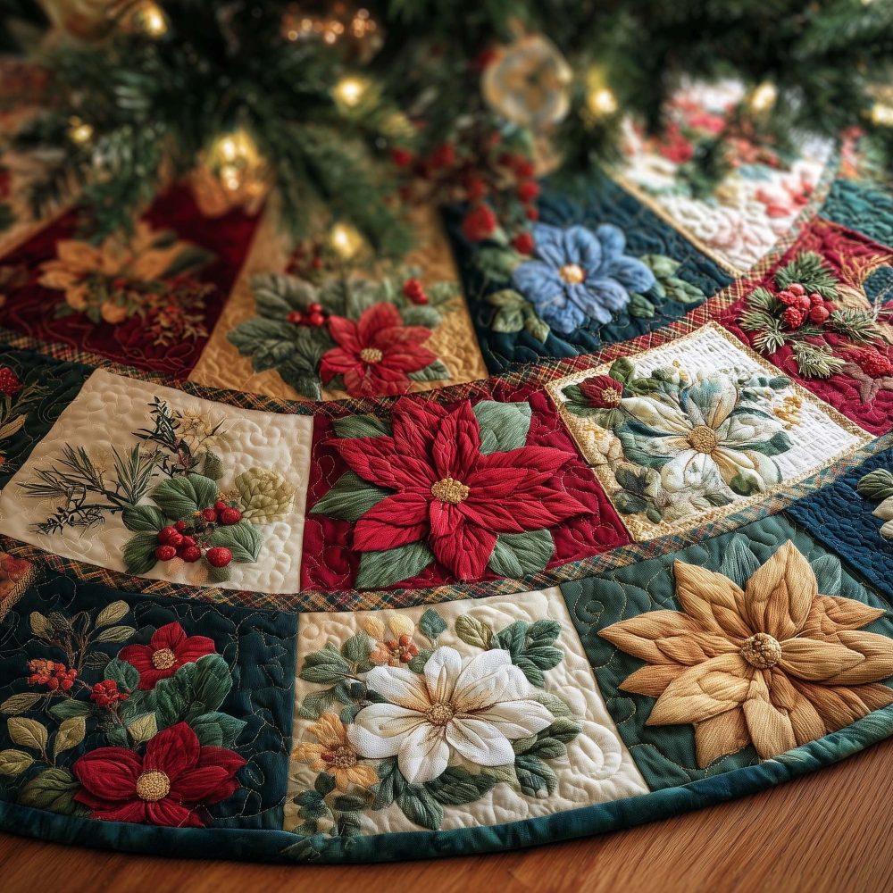 Blossom Trail Holiday Tree Skirt — Floral Christmas Tree Skirt, Elegant Handmade Décor With Custom Sizes And Trim Options