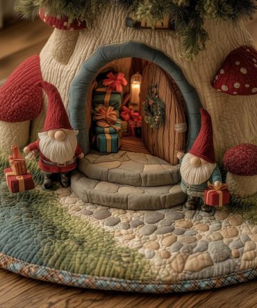 Charming Gnomes At The Cottage Door Tree Skirt — Made-To-Order Handcrafted Christmas Base Cover, Cozy Folk Holiday Accent