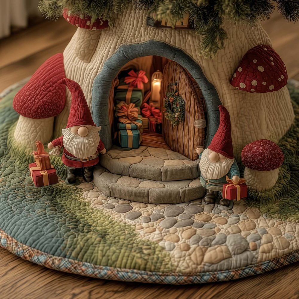 Charming Gnomes At The Cottage Door Tree Skirt — Made-To-Order Handcrafted Christmas Base Cover, Cozy Folk Holiday Accent