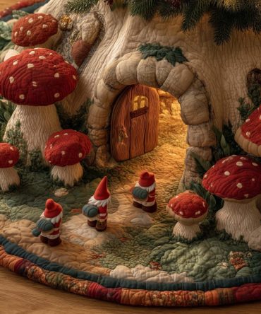 Whimsical Gnomes Among Red Toadstools Tree Skirt — Handcrafted Christmas Base Cover, Custom Made Holiday Cottage Decor