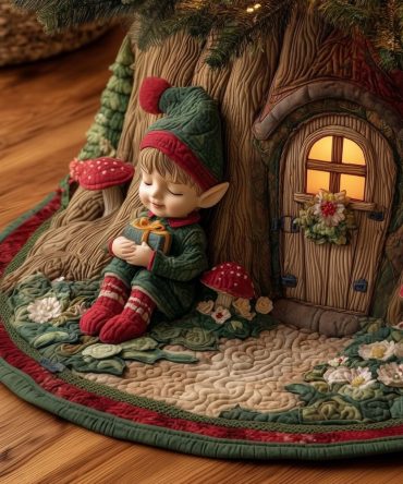 Cozy Elf Resting Tree Door Tree Skirt — Custom Handcrafted Christmas Base Cover, Enchanting Holiday Décor For Bedrooms & Living Rooms