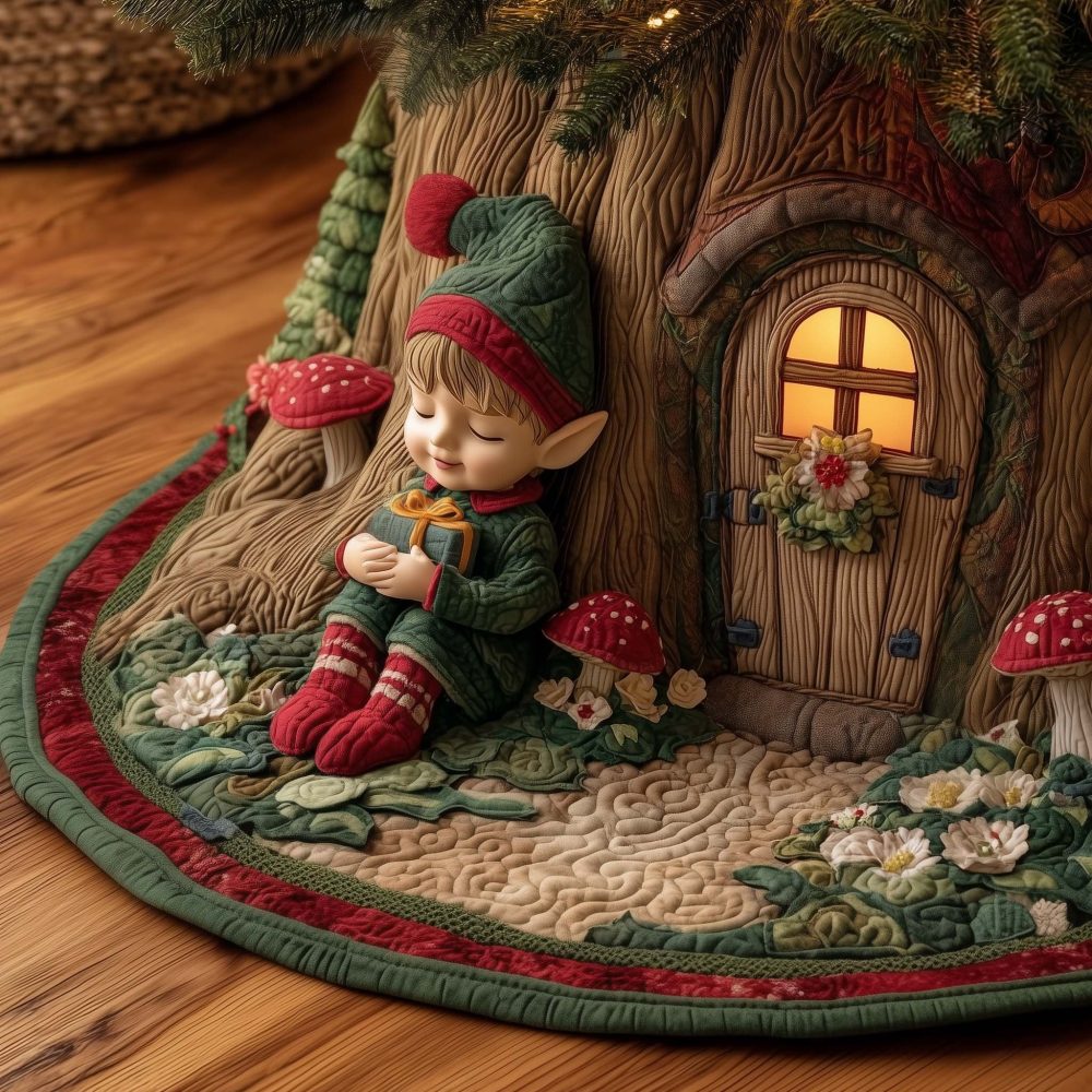 Cozy Elf Resting Tree Door Tree Skirt — Custom Handcrafted Christmas Base Cover, Enchanting Holiday Décor For Bedrooms & Living Rooms
