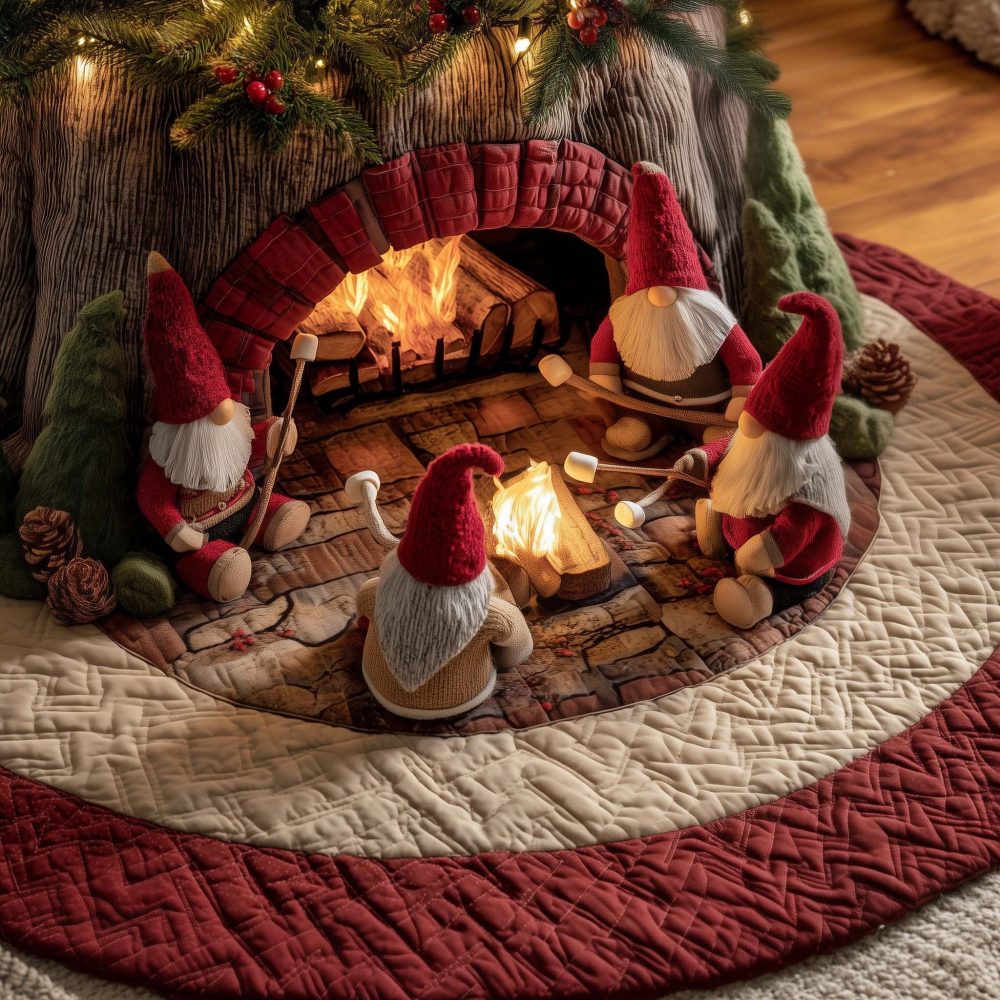 Toasty Gnome Christmas Tree Skirt — Cozy Gnome Holiday Skirt, Handmade Custom Fit For Warm & Whimsical Seasonal Décor