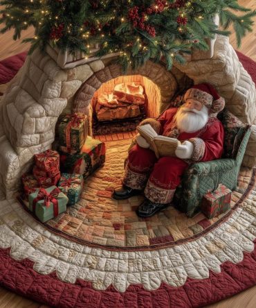 Reading Santa Tree Skirt - Handcrafted Christmas Tree Skirt Featuring Santa Reading Scene, Personalized Options