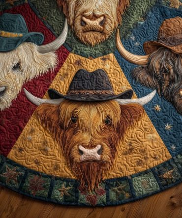 Highland Cow In Blue Hat Christmas Tree Skirt — Whimsical Blue-Hatted Cow Design, Custom Holiday Tree Skirt, Made-To-Order
