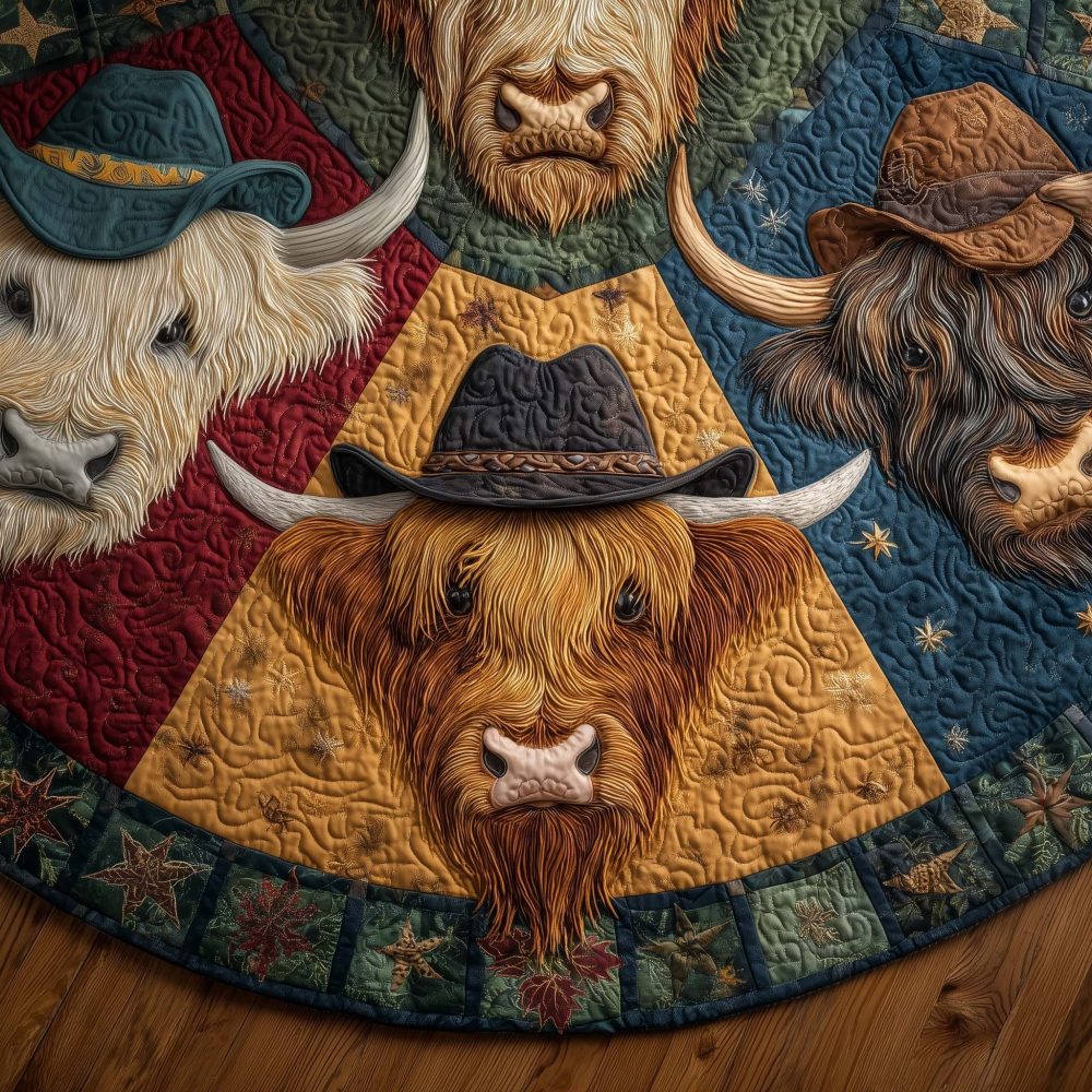 Highland Cow In Blue Hat Christmas Tree Skirt — Whimsical Blue-Hatted Cow Design, Custom Holiday Tree Skirt, Made-To-Order