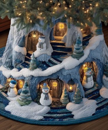 Snowmen Lane Christmas Tree Skirt — Cute Snowman Holiday Skirt, Handmade Custom Sizing For Festive Winter Wonderland Decor