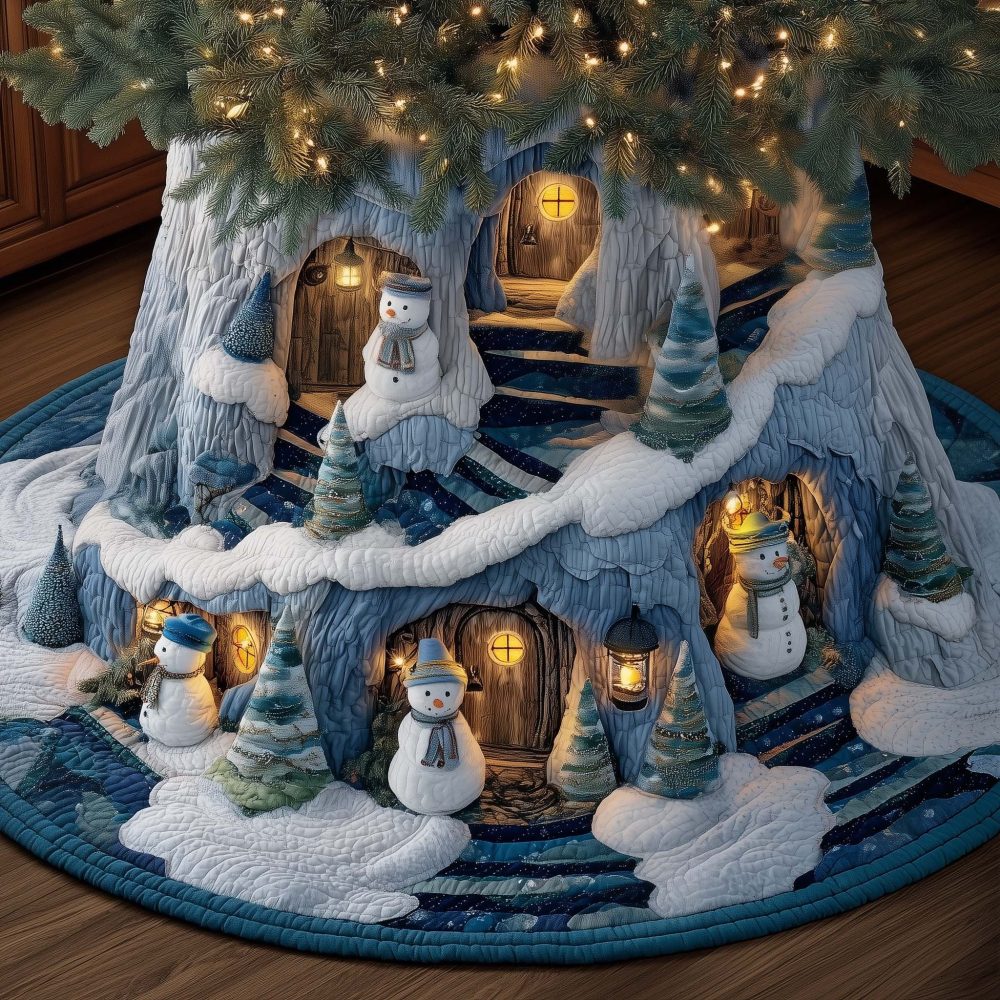Snowmen Lane Christmas Tree Skirt — Cute Snowman Holiday Skirt, Handmade Custom Sizing For Festive Winter Wonderland Decor