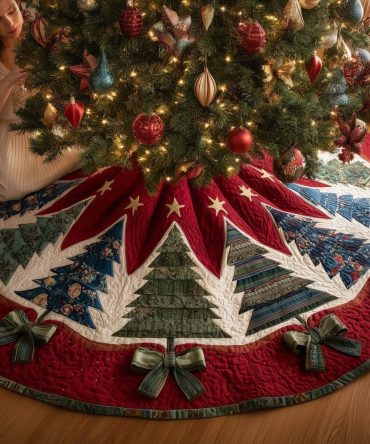 Festive Red Poinsettia & Pine Tree Skirt - Handmade Christmas Tree Skirt, Vibrant Holiday Tabletop & Floor Accent, Custom