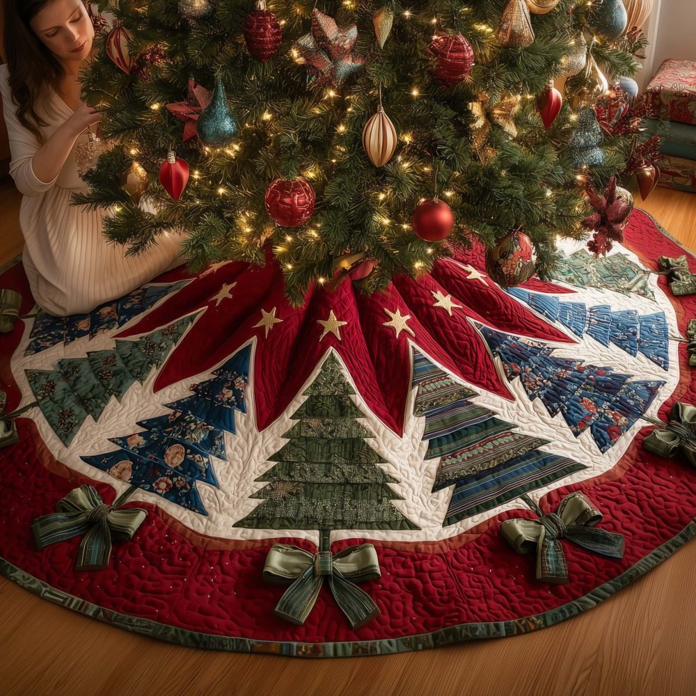 Festive Red Poinsettia & Pine Tree Skirt - Handmade Christmas Tree Skirt, Vibrant Holiday Tabletop & Floor Accent, Custom