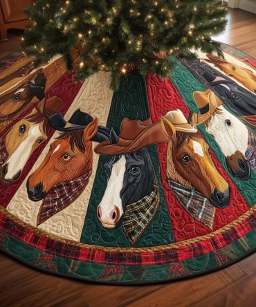 Rustic Horses On Plaid Patchwork Christmas Tree Skirt — Custom Handcrafted Base Cover, Farmhouse Holiday Accent