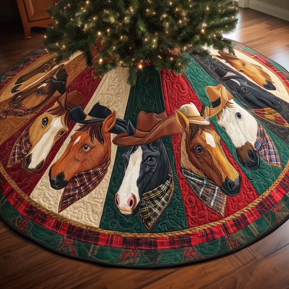 Rustic Horses On Plaid Patchwork Christmas Tree Skirt — Custom Handcrafted Base Cover, Farmhouse Holiday Accent