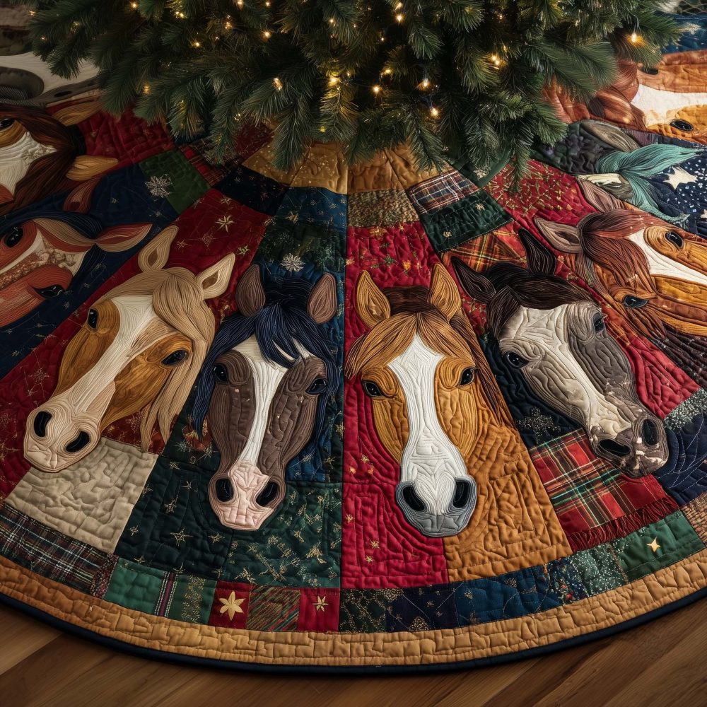 Elegant Horse Head Patchwork Tree Skirt In Red & Navy — Handcrafted Christmas Tree Base Cover, Custom Holiday Statement