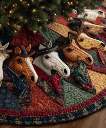 Festive Horses In Plaid Scarves Patchwork Tree Skirt — Handmade Christmas Base Skirt, Country Holiday Decor, Custom Options