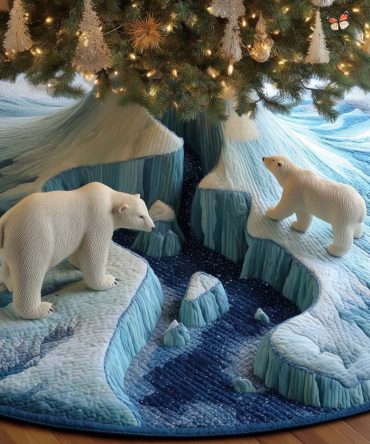 Blue Iceberg Polar Bears Christmas Tree Skirt — Handcrafted Winter Scene Base Cover, Custom Size & Fabric Options
