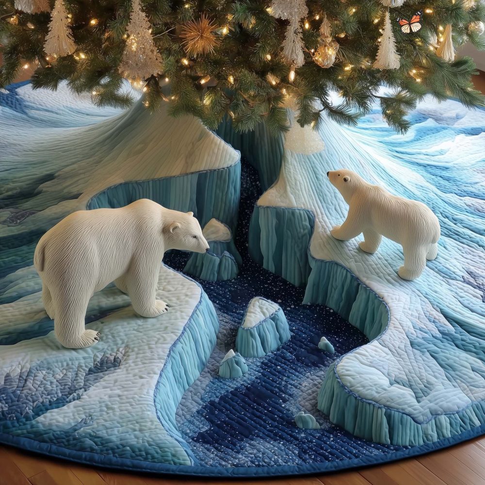 Blue Iceberg Polar Bears Christmas Tree Skirt — Handcrafted Winter Scene Base Cover, Custom Size & Fabric Options