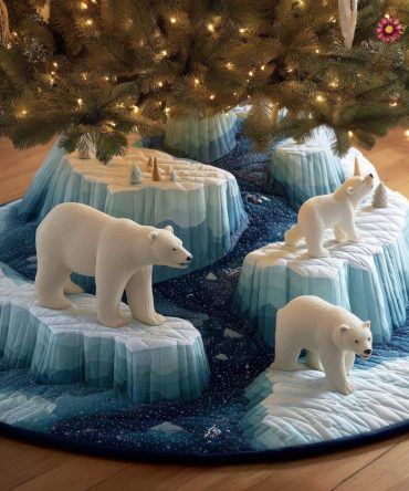 Custom Polar Bear Family Tree Skirt On Icy Cliffs — Handcrafted Christmas Base Cover, Winter Woodland Holiday Accent