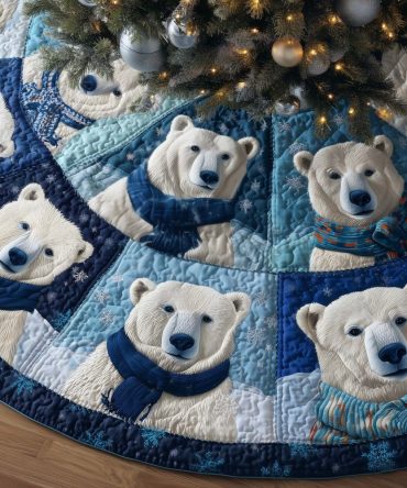 Handcrafted Blue Patchwork Christmas Tree Skirt With Adorable Polar Bear Faces — Custom Made Holiday Décor, Cozy Gift