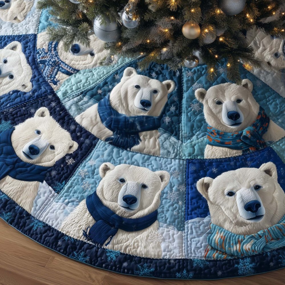 Handcrafted Blue Patchwork Christmas Tree Skirt With Adorable Polar Bear Faces — Custom Made Holiday Décor, Cozy Gift