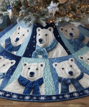Polar Bears With Blue Scarves Christmas Tree Skirt — Custom Handmade Winter Animal Design, Soft Fabric, Multiple Size Options