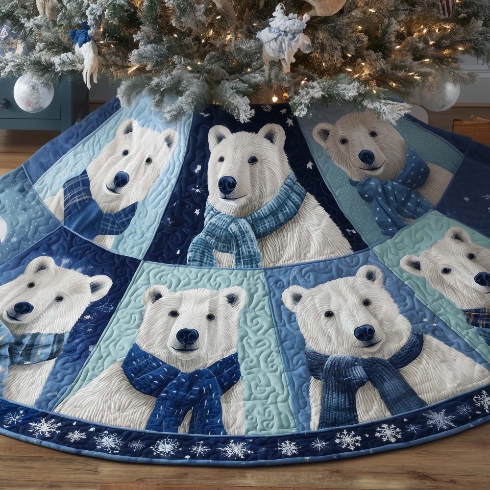 Polar Bears With Blue Scarves Christmas Tree Skirt — Custom Handmade Winter Animal Design, Soft Fabric, Multiple Size Options
