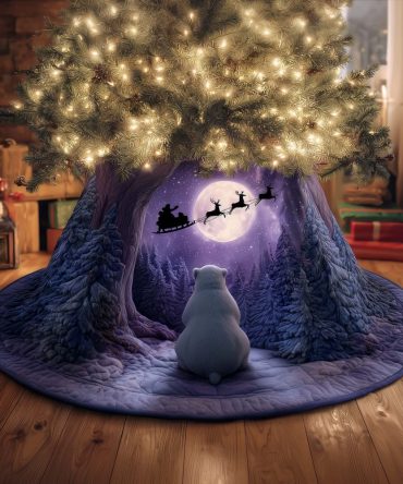 Polar Bear Under Purple Moon Christmas Tree Skirt — Custom Made, Whimsical Nighttime Winter Scene, Soft Durable Fabric