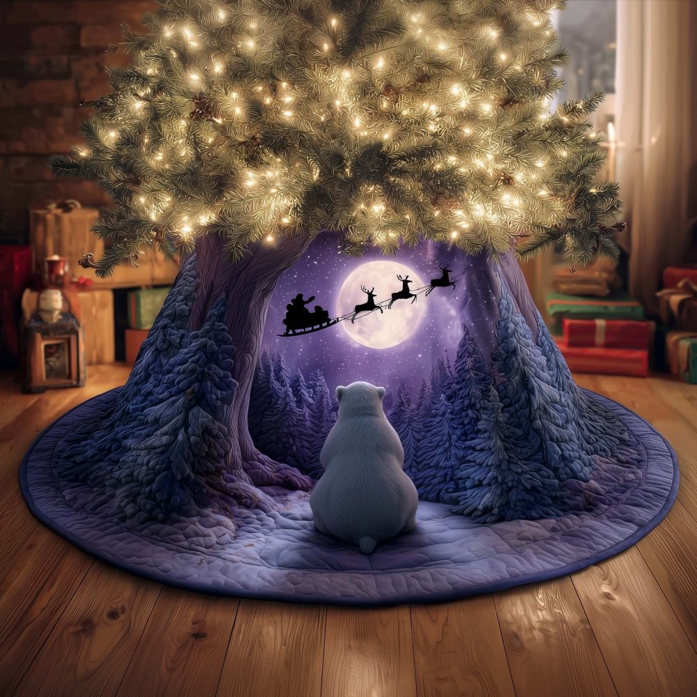 Polar Bear Under Purple Moon Christmas Tree Skirt — Custom Made, Whimsical Nighttime Winter Scene, Soft Durable Fabric