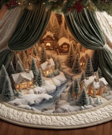 Green Curtain Winter Village Christmas Tree Skirt — Handcrafted Scenic Holiday Tree Skirt With Detailed Village Backdrop, Custom Fit