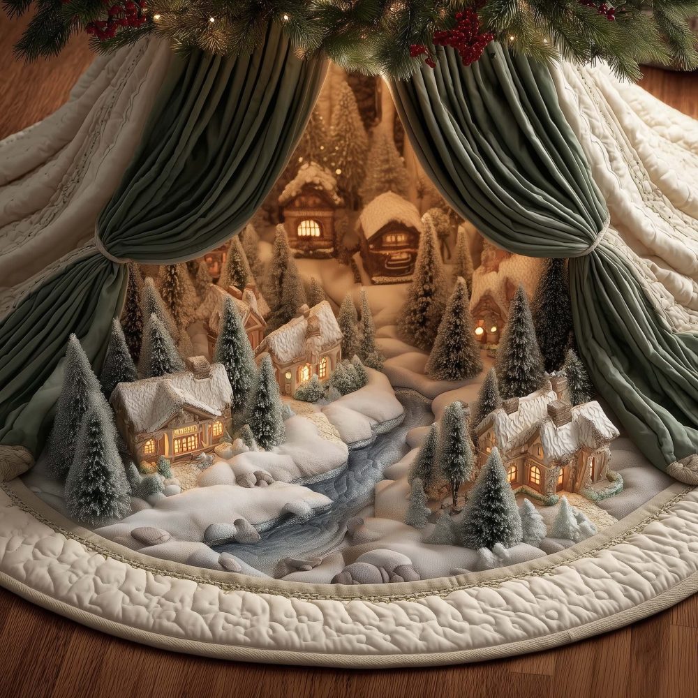 Green Curtain Winter Village Christmas Tree Skirt — Handcrafted Scenic Holiday Tree Skirt With Detailed Village Backdrop, Custom Fit