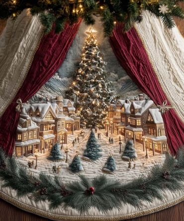 Village Square Christmas Tree Skirt With Curtain Detail — Handcrafted Holiday Skirt Featuring Charming Village Scene, Custom Fit Options
