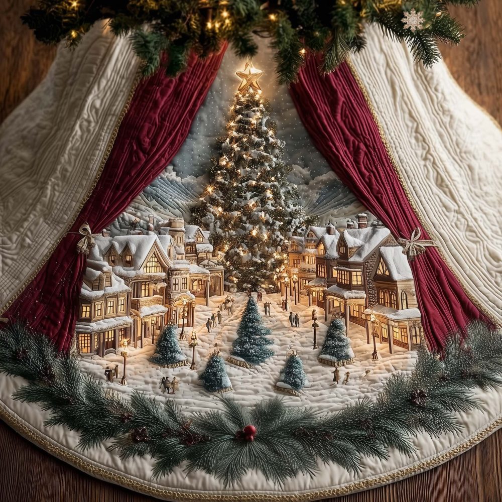 Village Square Christmas Tree Skirt With Curtain Detail — Handcrafted Holiday Skirt Featuring Charming Village Scene, Custom Fit Options
