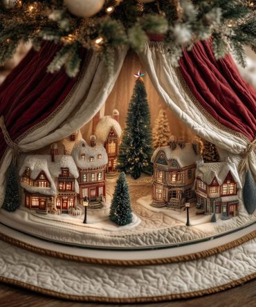 Snow Town Stage Christmas Tree Skirt With Curtain Scene — Hand-Sewn Scenic Holiday Tree Skirt, Custom Sizes & Gift-Ready Packaging