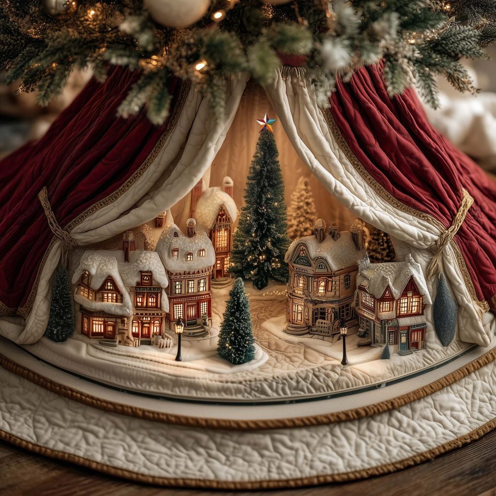 Snow Town Stage Christmas Tree Skirt With Curtain Scene — Hand-Sewn Scenic Holiday Tree Skirt, Custom Sizes & Gift-Ready Packaging