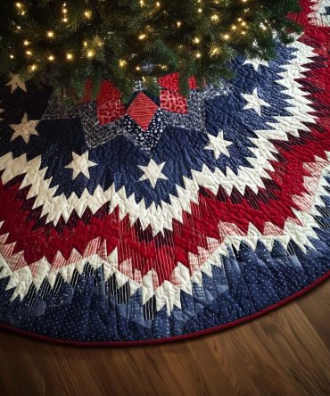 Red & Blue Chevron Stars Christmas Tree Skirt — Made To Order, Modern Patriotic Holiday Accent, Durable, Custom Sizes Available