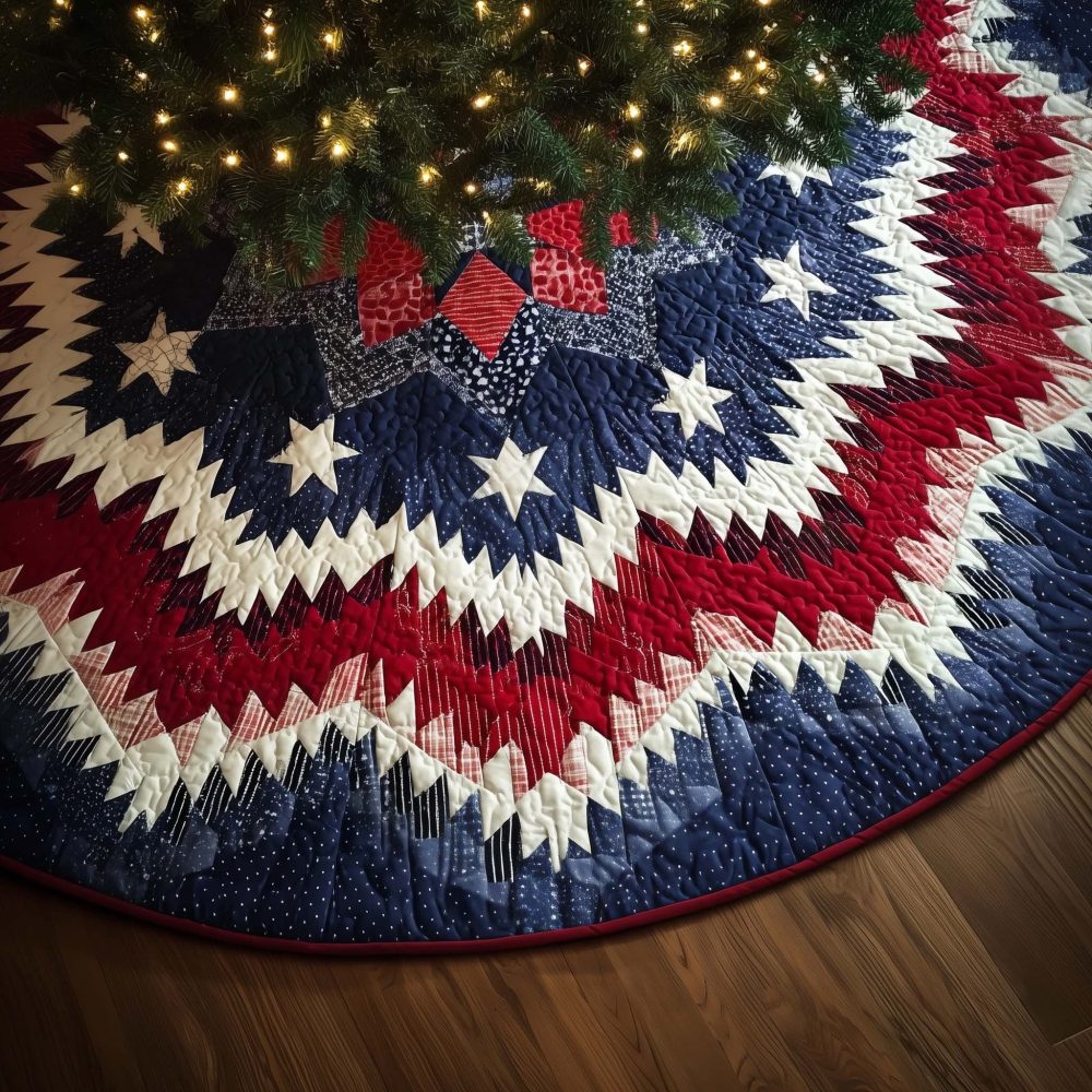 Red & Blue Chevron Stars Christmas Tree Skirt — Made To Order, Modern Patriotic Holiday Accent, Durable, Custom Sizes Available