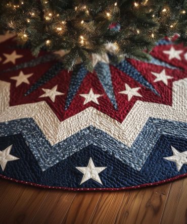 White Stars On Zigzag Band Christmas Tree Skirt — Custom Made, Contemporary Holiday Design, High-Quality Fabric, Multiple Sizes