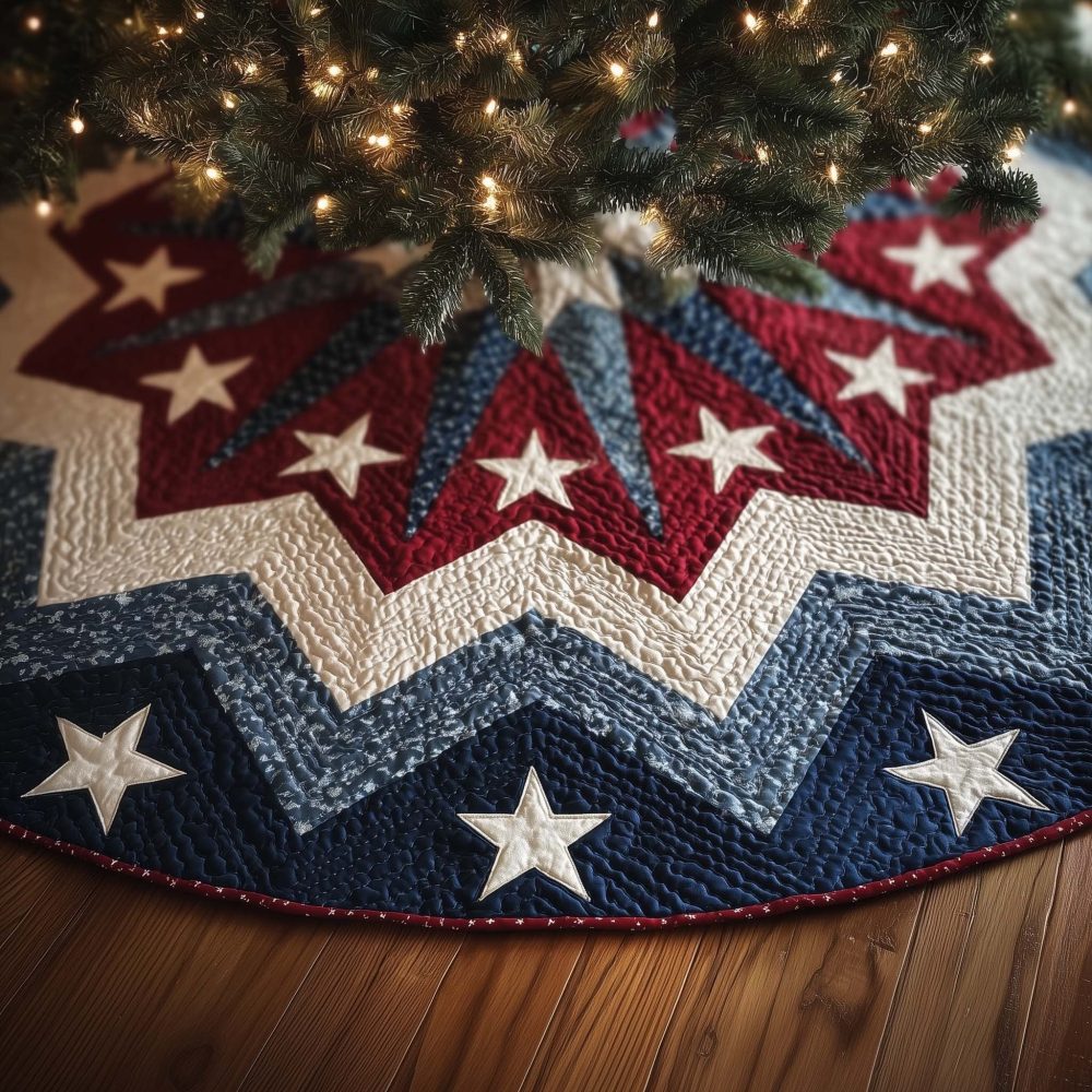 White Stars On Zigzag Band Christmas Tree Skirt — Custom Made, Contemporary Holiday Design, High-Quality Fabric, Multiple Sizes