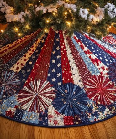 Patriotic Pinwheel Red & Blue Christmas Tree Skirt — Custom Handmade, Americana Holiday Decor, Quality Fabric, Several Sizes