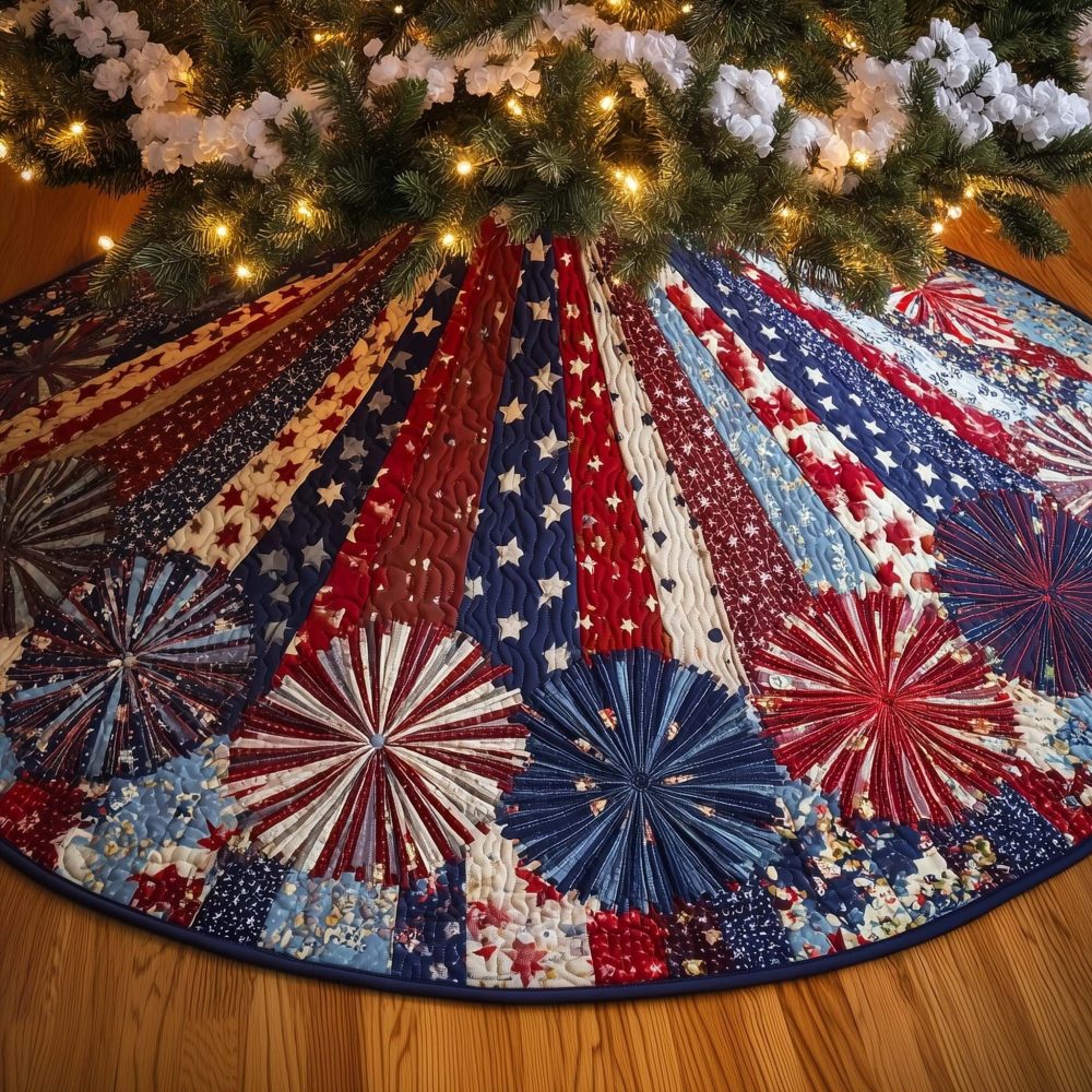 Patriotic Pinwheel Red & Blue Christmas Tree Skirt — Custom Handmade, Americana Holiday Decor, Quality Fabric, Several Sizes