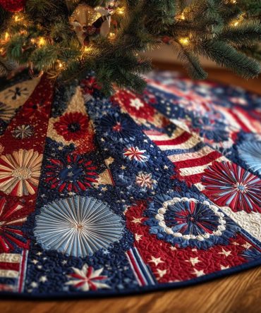Navy & Red Star Fan Christmas Tree Skirt — Custom Handmade, Patriotic Holiday Flair, Heavy-Duty Fabric, Multiple Size Options