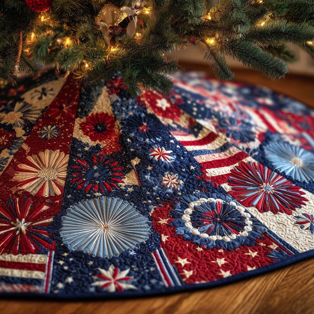 Navy & Red Star Fan Christmas Tree Skirt — Custom Handmade, Patriotic Holiday Flair, Heavy-Duty Fabric, Multiple Size Options