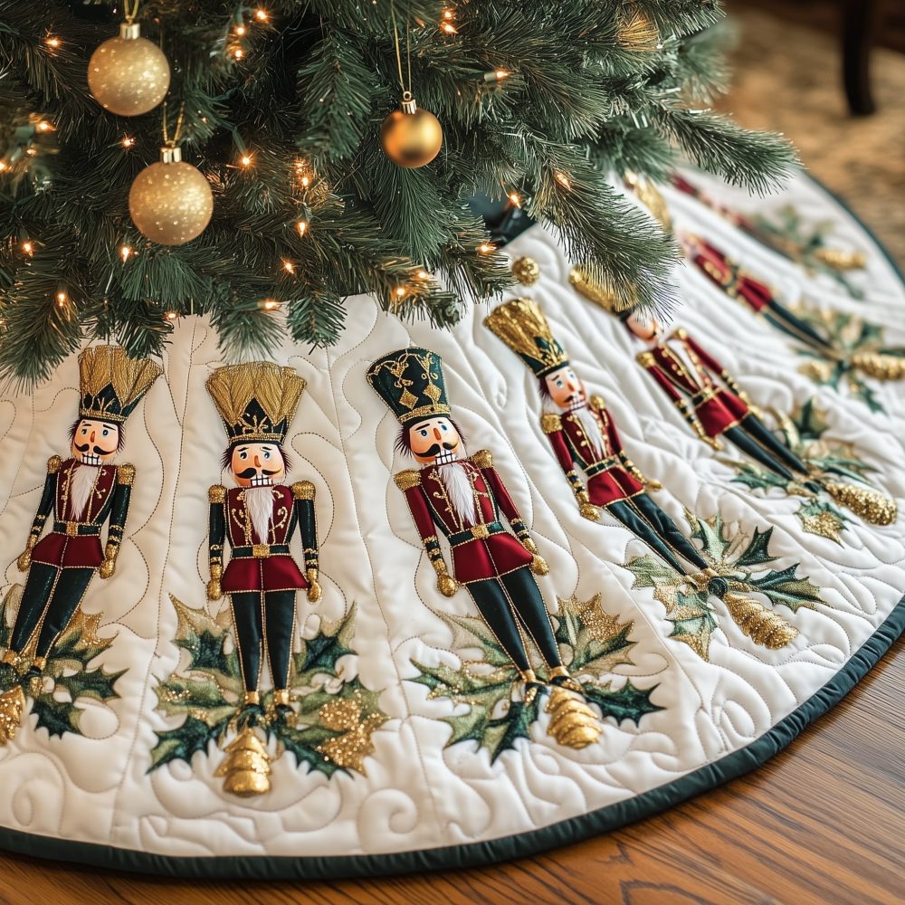 Ivory Nutcracker Christmas Tree Skirt With Holly Embroidery — Handmade Holiday Skirt, Custom Sizes, Luxe Neutral Holiday Décor