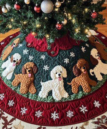 Red Snowflake Border Quilted Tree Skirt With Poodle Pattern - Custom-Made Festive Holiday Skirt, Made-To-Order
