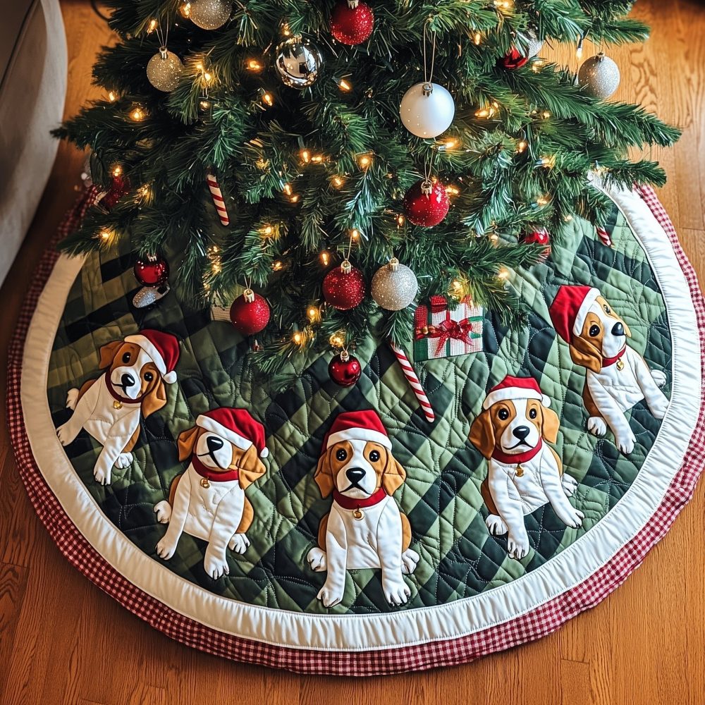 Green Quilted Christmas Tree Skirt With Beagles In Santa Hats - Custom Pet Holiday Decor, Made-To-Order