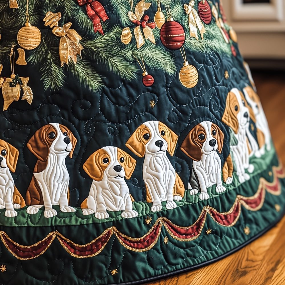 Dark Teal Quilted Tree Skirt With Four Happy Beagles - Custom Pet-Themed Christmas Skirt, Made-To-Order