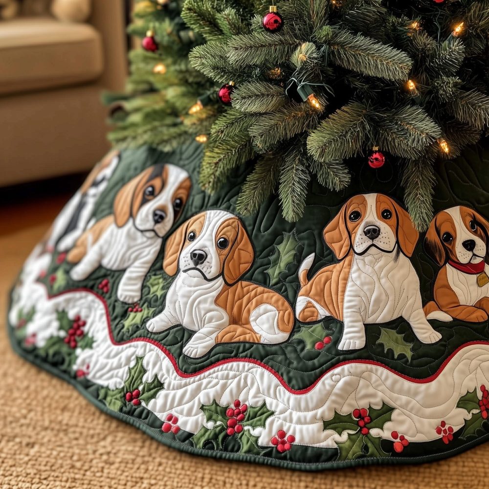 Custom Quilted Christmas Tree Skirt Featuring Playful Beagles & Holly Berries - Made-To-Order Holiday Pet Decor