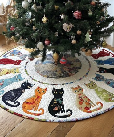 Playful Funky Cats Christmas Tree Skirt — Bright Cat-Themed Holiday Skirt, Handmade Custom Size For Cat Lovers & Gifts