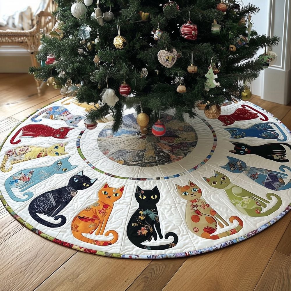 Playful Funky Cats Christmas Tree Skirt — Bright Cat-Themed Holiday Skirt, Handmade Custom Size For Cat Lovers & Gifts